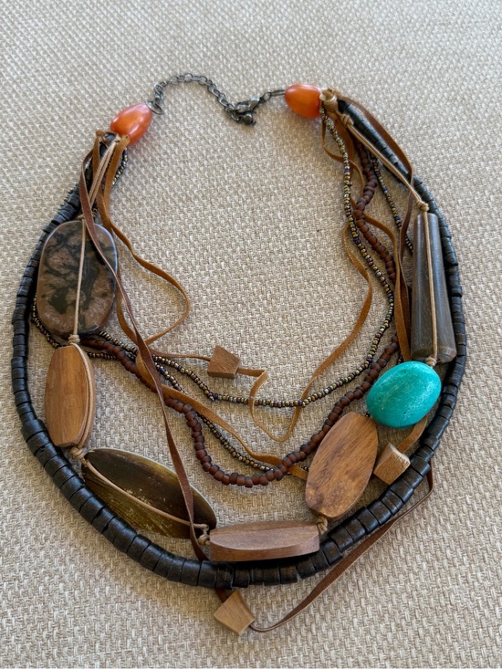 Jewelry - Bohemian Multi-Strand Turquoise & Brown Wood Necklace